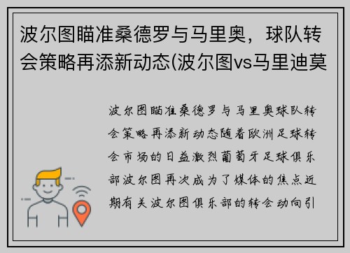 波尔图瞄准桑德罗与马里奥，球队转会策略再添新动态(波尔图vs马里迪莫1比0)