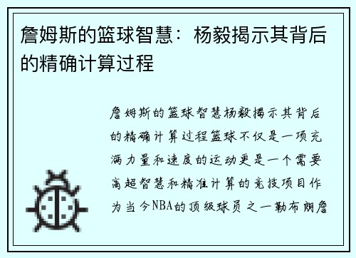 詹姆斯的篮球智慧：杨毅揭示其背后的精确计算过程