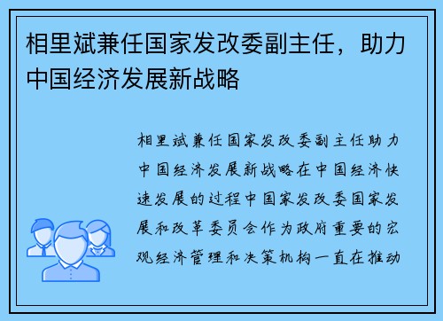 相里斌兼任国家发改委副主任，助力中国经济发展新战略