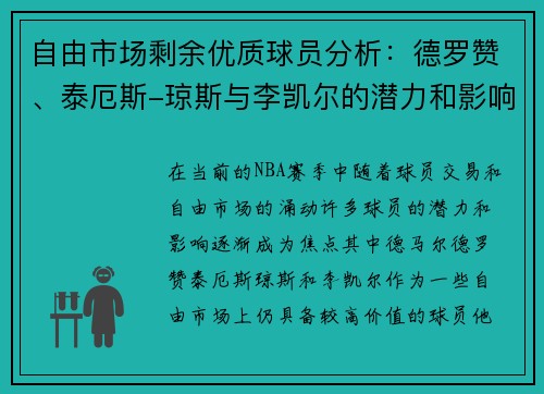 自由市场剩余优质球员分析：德罗赞、泰厄斯-琼斯与李凯尔的潜力和影响